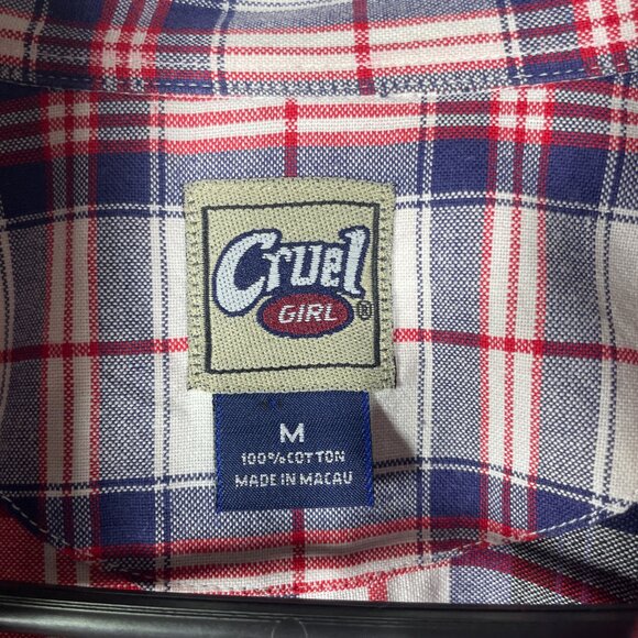 Cruel Girl Women's Red Navy Plaid Flannel Button-Up Shirt Cotton Medium! - Picture 3 of 5